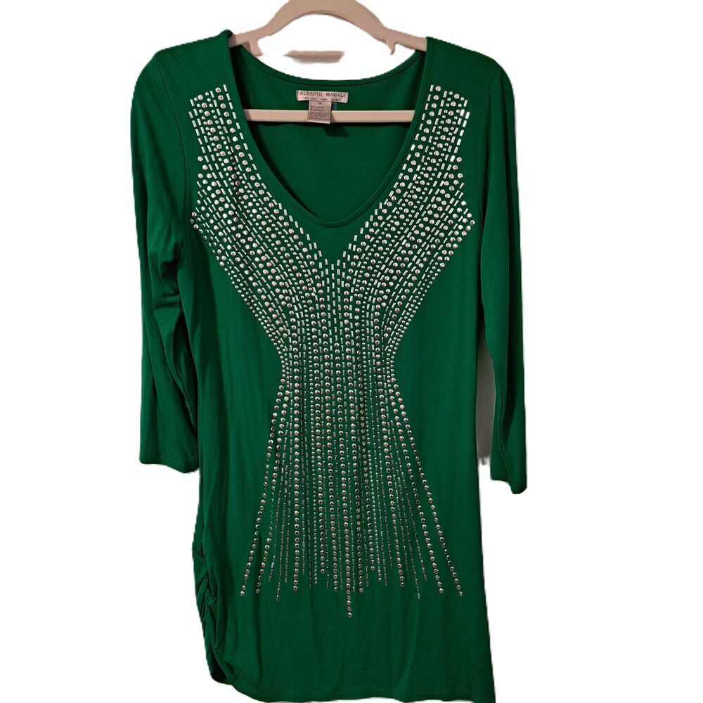 Alberto Makali Womens Green Embellished Tunic Blouse or Mini Dress Size Medium